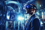 Engineer wearing VR glasses in a factory