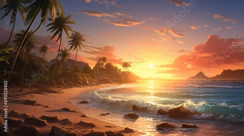 A tranquil tropical beach at sunrise, with the warm golden light casting a soft glow on the palm trees.