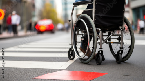 Close-up of a wheelchair crossing a street, highlighting mobility and accessibility in an urban environment.