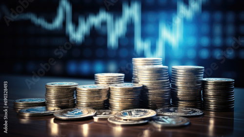 Financial growth with stacks of coins in the foreground and a blurred graph indicating stock market trends in the background.