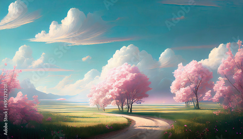 paysage de campagne avec cerisier rose vert bleu turquoise pastel photo