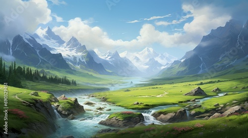 A winding river cuts through a lush green valley, with tall grasses swaying in the gentle breeze. 