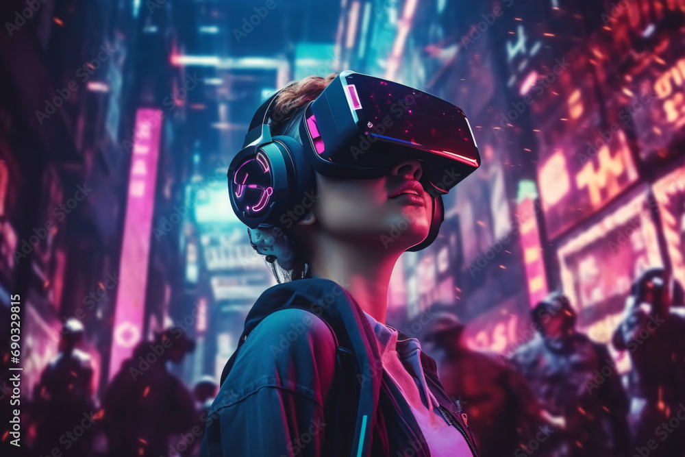 A young woman in virtual reality glasses on futuristic city cyberpunk background