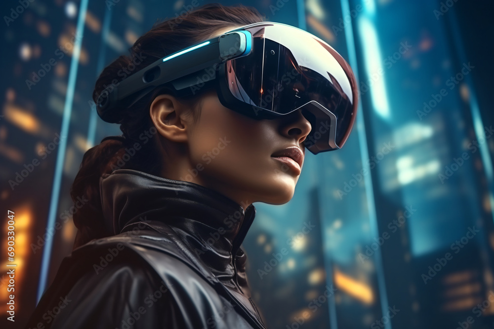 Futuristic girl with VR headset on, cyberpunk style female playing virtual reality game with virtual reality headset Futuristic girl with VR headset on, cyberpunk style female playing virtual reality game with virtual reality headset