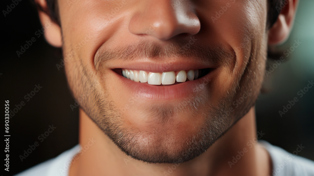 Perfect Smile: Close-Up of Handsome Male Face with Clean, Perfect Teeth. Dental Service Advertisement