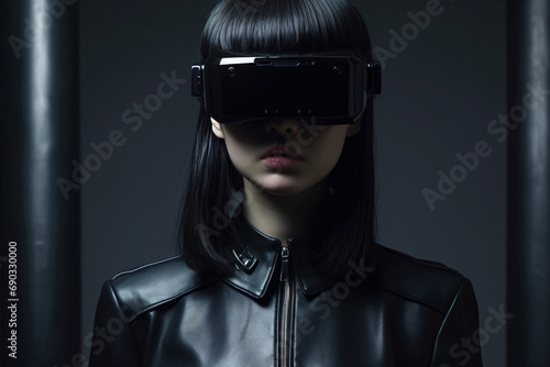 Female model wearing a VR virtual reality headset dressed in black © HY