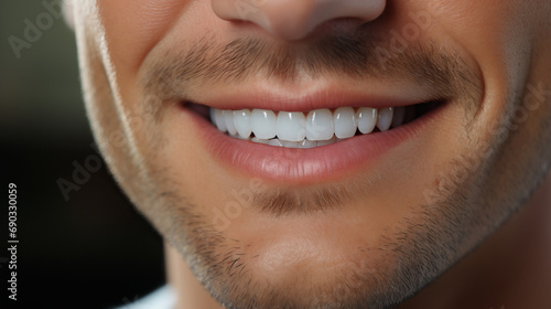 Perfect Smile: Close-Up of Handsome Male Face with Clean, Perfect Teeth. Dental Service Advertisement