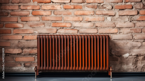 rusty heating radiator on the background of a brick wall created with Generative Ai