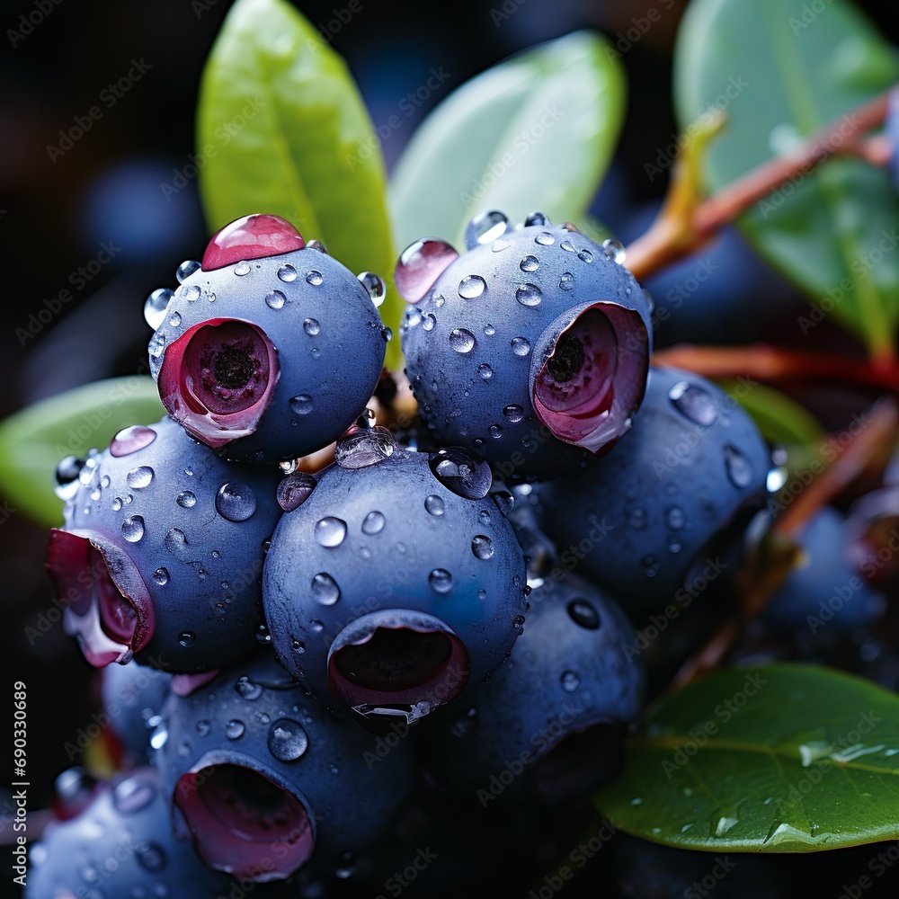 Closeup of some blueberries on a bush with vibrant colours