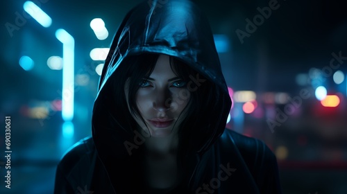 female assassin in the shadows of neon lit urban futuristic landscape