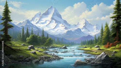 Towering snow-capped mountains form a majestic backdrop to a tranquil river meandering through a lush forest. 