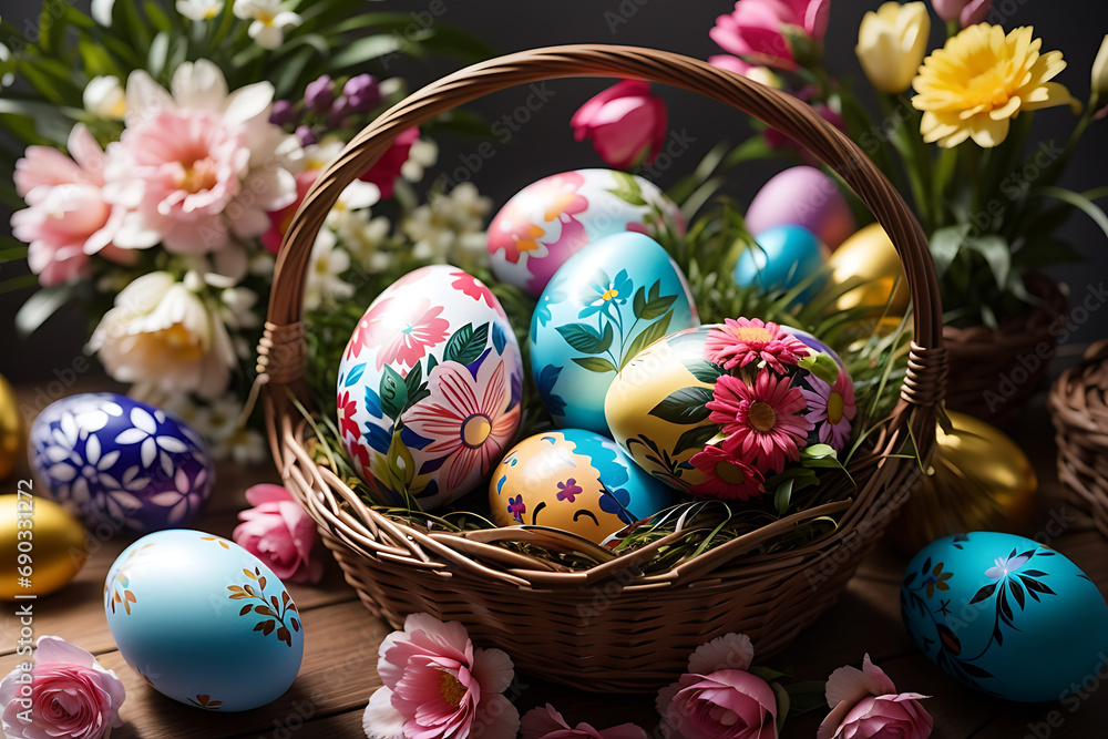 Fototapeta premium Basket with floral Easter eggs. Flowers in the background