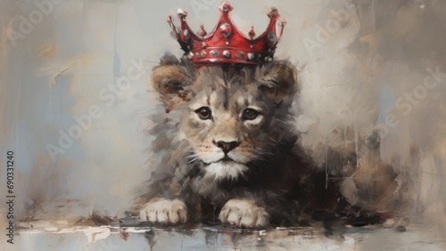 cute baby lion with crown, illustration. AI Generative photo