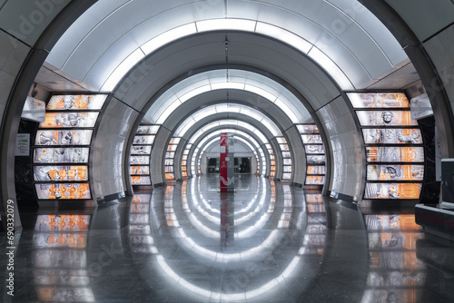 Fonvizinskaya subway station in Moscow, Russia. Modern style subway station design, perspective in the subway