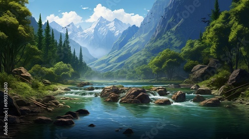 A peaceful river cuts through a dense forest, surrounded by majestic mountains. 