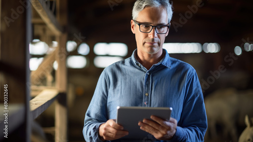 Mature man focusing on a tablet inside a barn with cows in the background, depicting modern farming management. © MP Studio