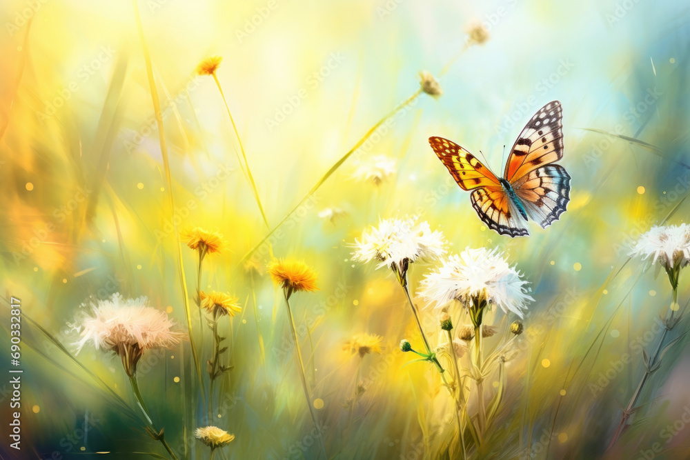 Watercolor butterfly on wildflowers in spring