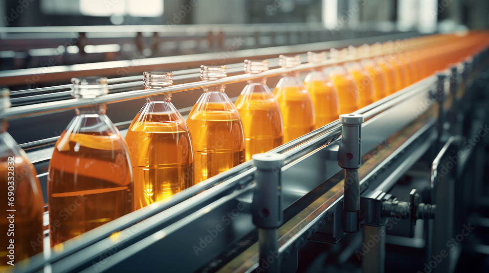 Conveyor belt, juice in glass bottles created with Generative Ai Conveyor belt, juice in glass bottles created with Generative Ai