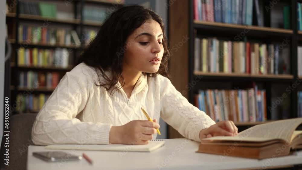 Pretty young woman student writes notes in textbook for essay study for class preparing for exams test make research for project using books literature at university library Pretty young woman student writes notes in textbook for essay study for class preparing for exams test make research for project using books literature at university library