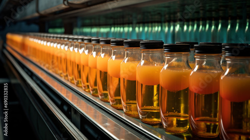 Conveyor belt, juice in glass bottles created with Generative Ai