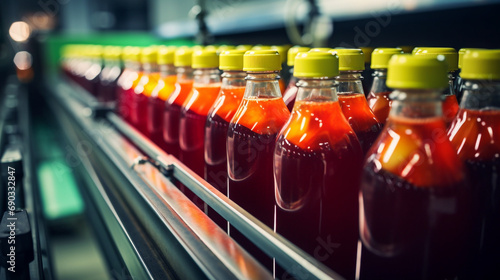 Conveyor belt, juice in glass bottles created with Generative Ai