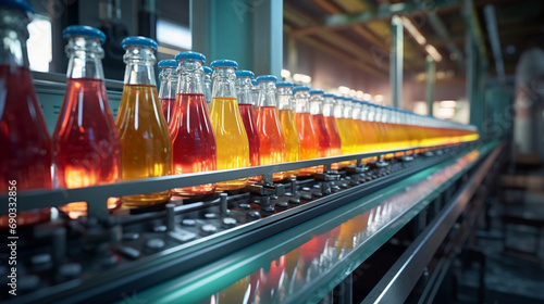 Conveyor belt, juice in glass bottles created with Generative Ai