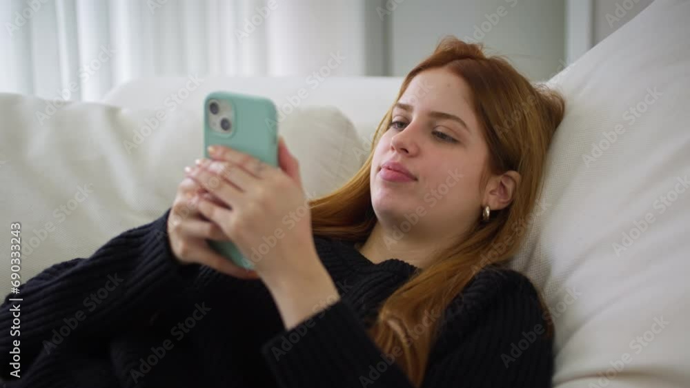 Young woman using smartphone while sitting on couch. Smiling woman using app on cellphone at home. Beautiful girl relaxing while browsing social media and watching the news. Young woman using smartphone while sitting on couch. Smiling woman using app on cellphone at home. Beautiful girl relaxing while browsing social media and watching the news.