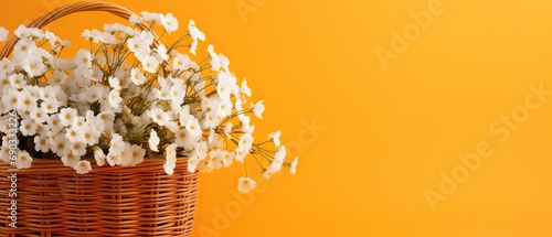 spring arrives, wicker basket full of daisies (Bellis perennis) on orange background and copy space