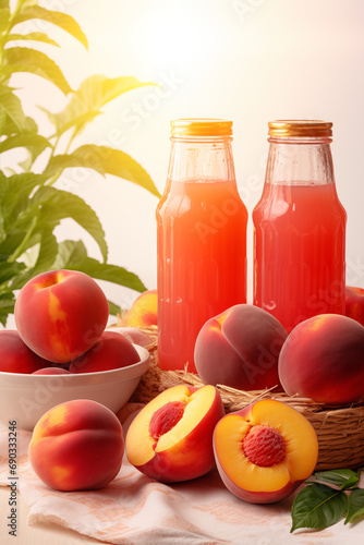 Two peach juice glass bottles on sunny background with fresh fruits. Freshly squeezed juice. Healthy breakfast, vegetarian food. Summer harvest from fruit tree