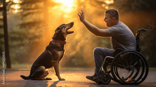 Man in a wheelchair and a service dog sitting beside him, engaging in a moment of connection in a sunlit park.