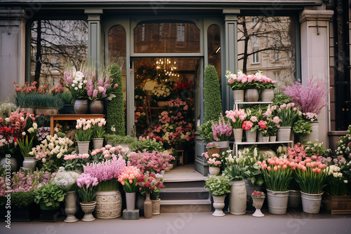Cozy street with flower shop, beautiful flower shop with spring flowers © Wuttichaik