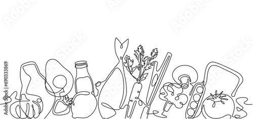 Groceries shopping. illustration with food in continuous line drawing style.  Vector background with vegetables, fruits, greens, meat, fish, toaster bread, beverage.