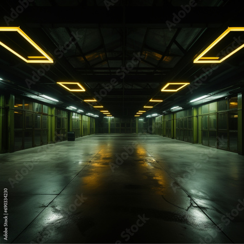 cinematic and realistic, inside an empty wherehouse with no windows, big yellow and green lights on ceiling, at night, modern style © Mix Creative
