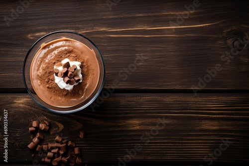 Hot chocolate for breakfast on a dark wooden table top view, banner style, generated with AI