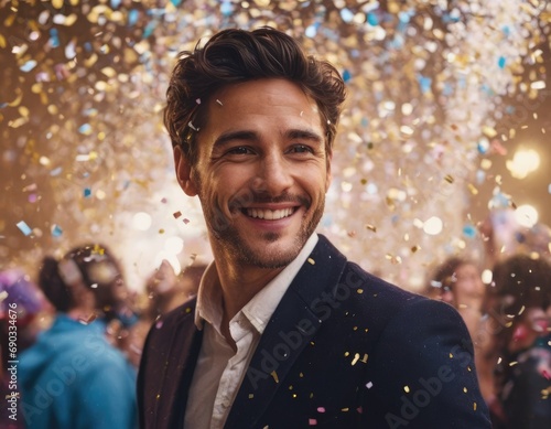 Festive portrait of a happy young man in confetti