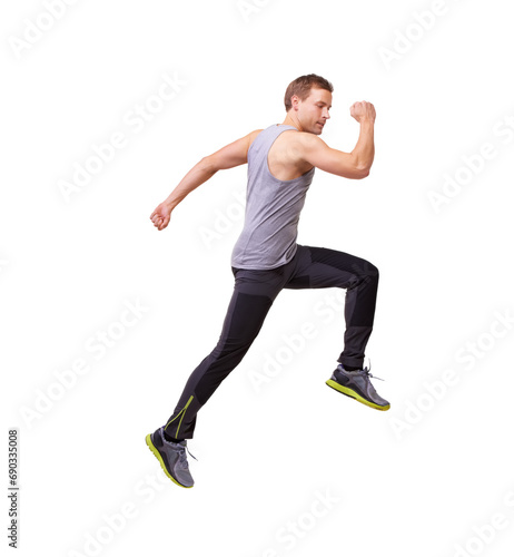 Man, running and jump in fitness, workout and training in studio with wellness and energy or speed. Sports model, sprinter or runner in air, exercise and cardio or muscle health on a white background