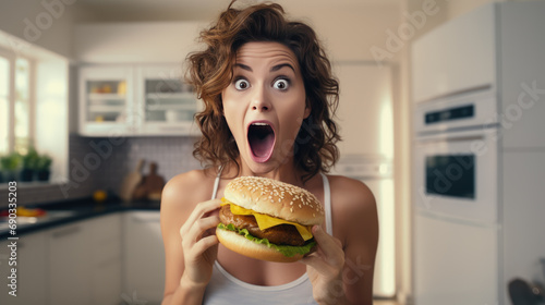 Woman with an exaggerated expression of surprise and excitement, her mouth wide open as she holds a large hamburger, ready to take a bite photo