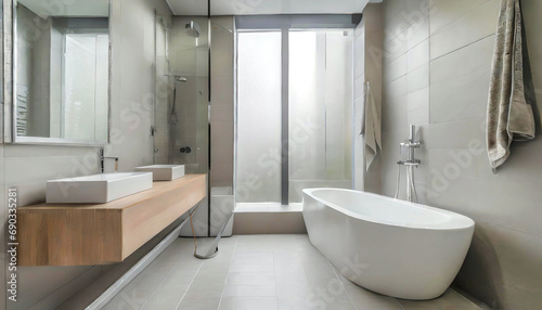 Modern Interior of bathroom with a shower area and bathtub on the background foggy window