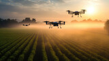 Drones flying over a golden wheat field at sunrise, with a serene rural landscape in the background.