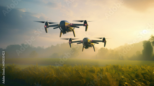 Drones flying over a golden wheat field at sunrise, with a serene rural landscape in the background. photo