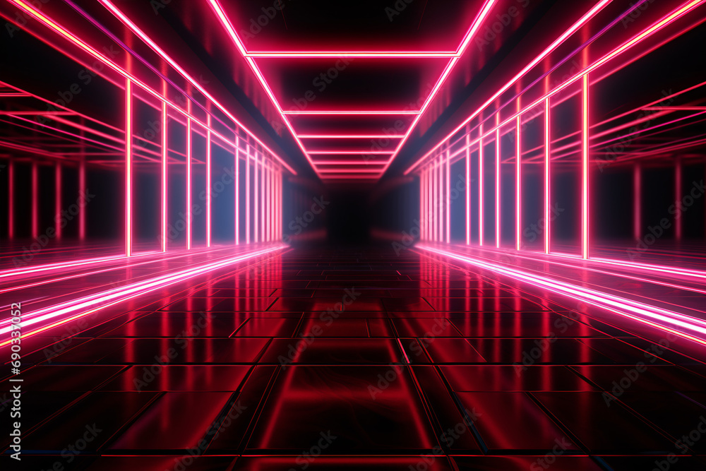 Abstract neon background with glowing lines featured in a 3D render of an empty room with reflections.