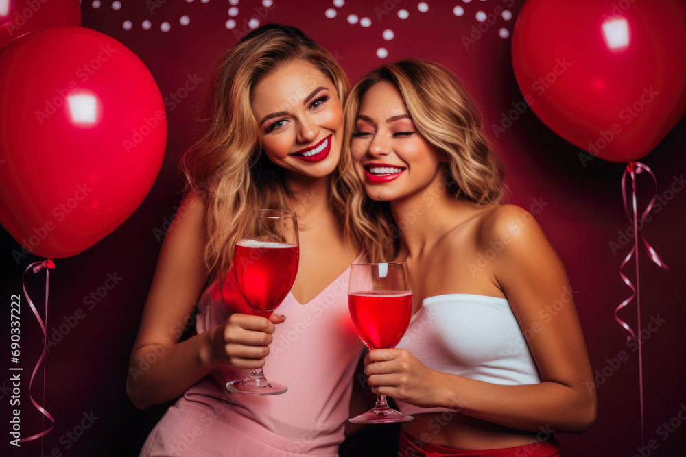 Two beautiful sexy young women party on valentines day. Enjoying single life. Red lips, curly blonde hair. Drinking champagne. Celebrating their bonds of friendship.