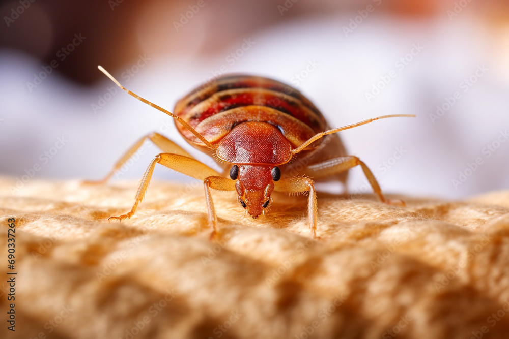 Bedbug Close up of Cimex hemipterus - bed bug on bed background created with Generative Ai Bedbug Close up of Cimex hemipterus - bed bug on bed background created with Generative Ai