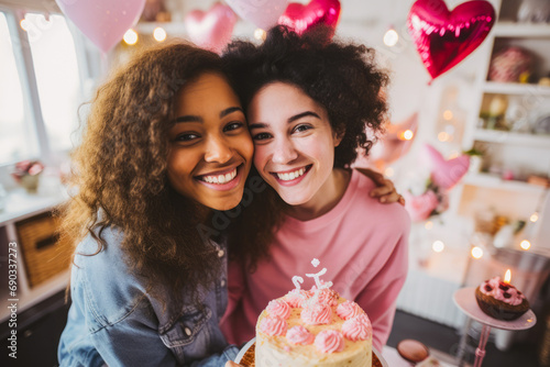 Two beautiful young women mixed race on valentines day in casual way. Enjoying single life at home party. Celebrating their bonds of friendship.