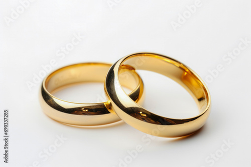 Studio shot of pair of golden wedding rings. Gold jewelery shinning. Wedding proposal, engagement on Valentines day.