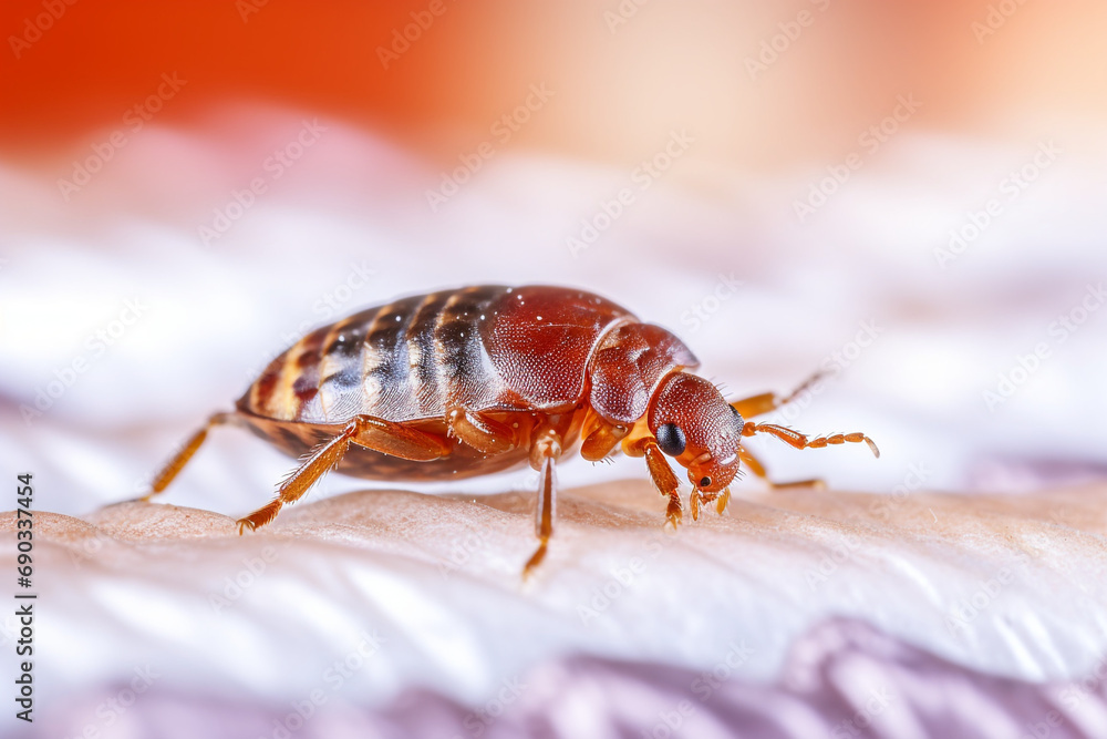 Bedbug Close up of Cimex hemipterus - bed bug on bed background created with Generative Ai Bedbug Close up of Cimex hemipterus - bed bug on bed background created with Generative Ai