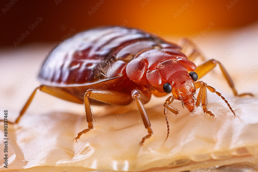 Bedbug Close up of Cimex hemipterus - bed bug on bed background created with Generative Ai Bedbug Close up of Cimex hemipterus - bed bug on bed background created with Generative Ai