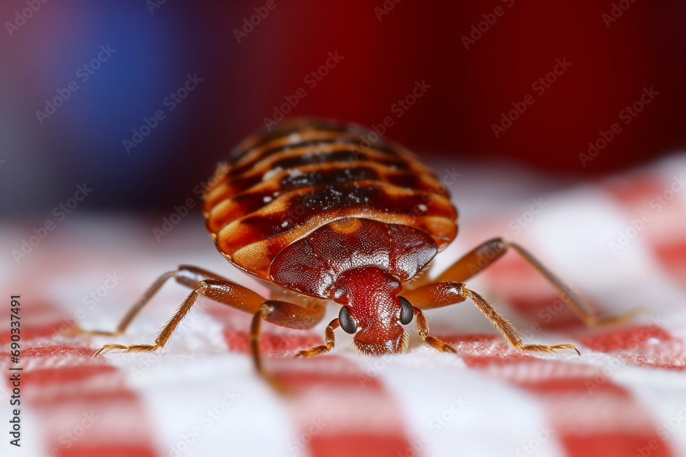 Bedbug Close up of Cimex hemipterus - bed bug on bed background created with Generative Ai Bedbug Close up of Cimex hemipterus - bed bug on bed background created with Generative Ai