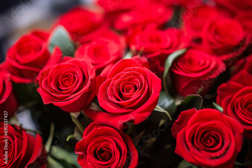 Valentine s day roses for a gift  romantic. Natural fresh red roses flowers. Top view  Red rose flower wall background.