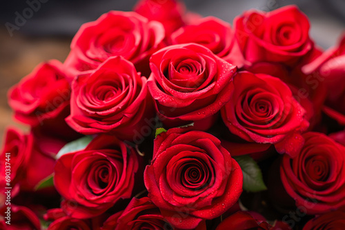 Valentine s day roses for a gift  romantic. Natural fresh red roses flowers. Top view  Red rose flower wall background.